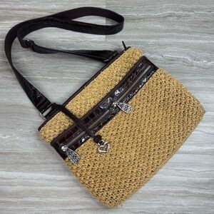 Brighton  Woven Jute Straw Alligator Trim Lined Crossbody Bag